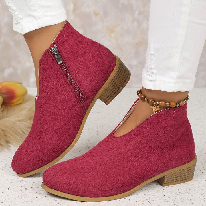 Women's short ankle boots made of suede imitation with V-neck and low wooden heel Mune Fashion