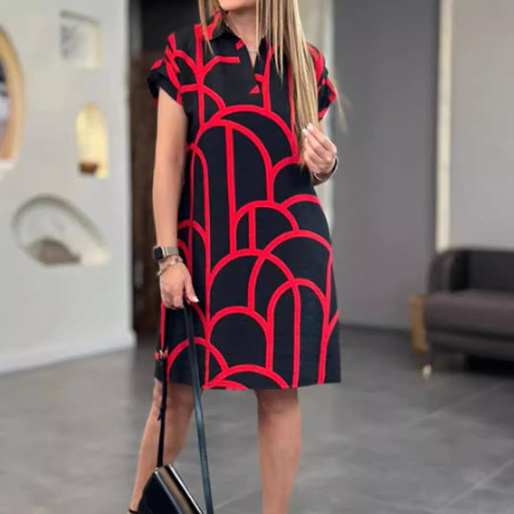 Ladies' geometric shift dress with polo collar and rolled-up short sleeves Mune Fashion
