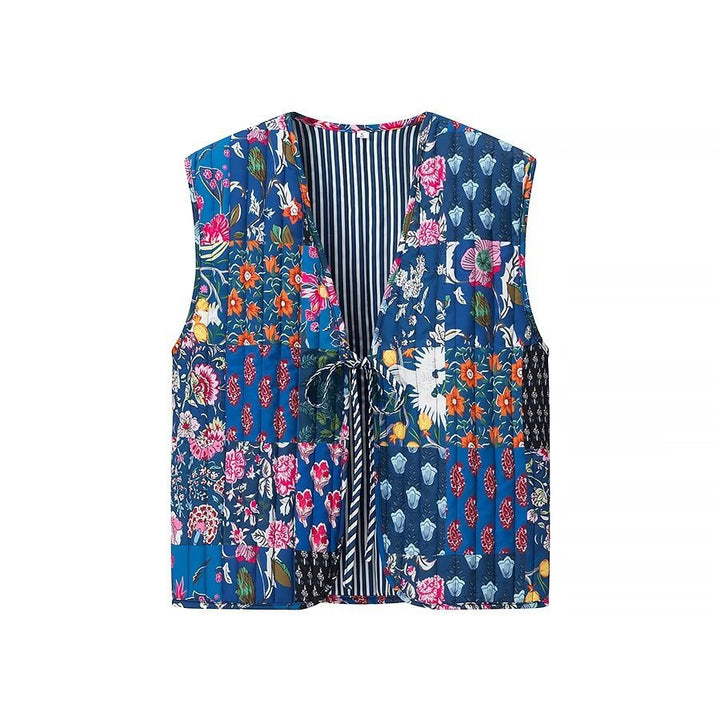 Women Padded Quilted Vest with Floral Allover Look and Tie Band Mune Fashion