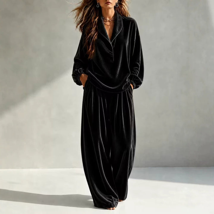 Women's Luxurious Velour Loungewear Set with Shawl Collar and Wide Palazzo Pants Mune Fashion
