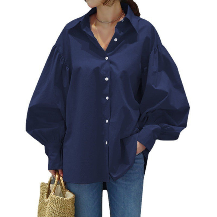 Women's Oversize Blouse with Balloon Sleeves and Shirt Collar Mune Fashion