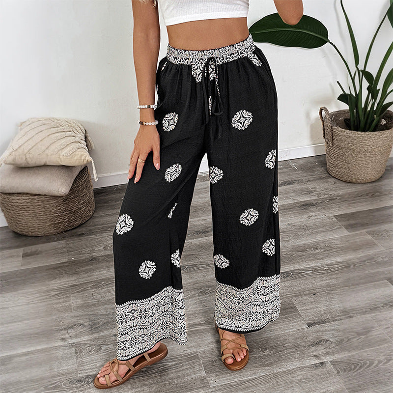 Women's Boho Print Palazzo Pants with Wide Leg, Elastic Drawstring Waistband and Side Pockets Mune Fashion