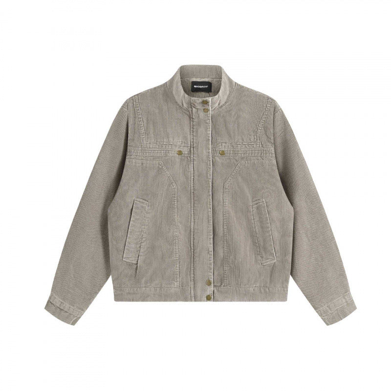 Unisex Cord-Boxy-Jacket with stand-up collar, hidden snap button placket and patch pockets Mune Fashion