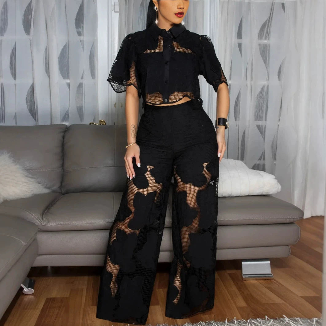 Women's short-cut shirt blouse made of floral lace with high-cut wide-leg pants Mune Fashion