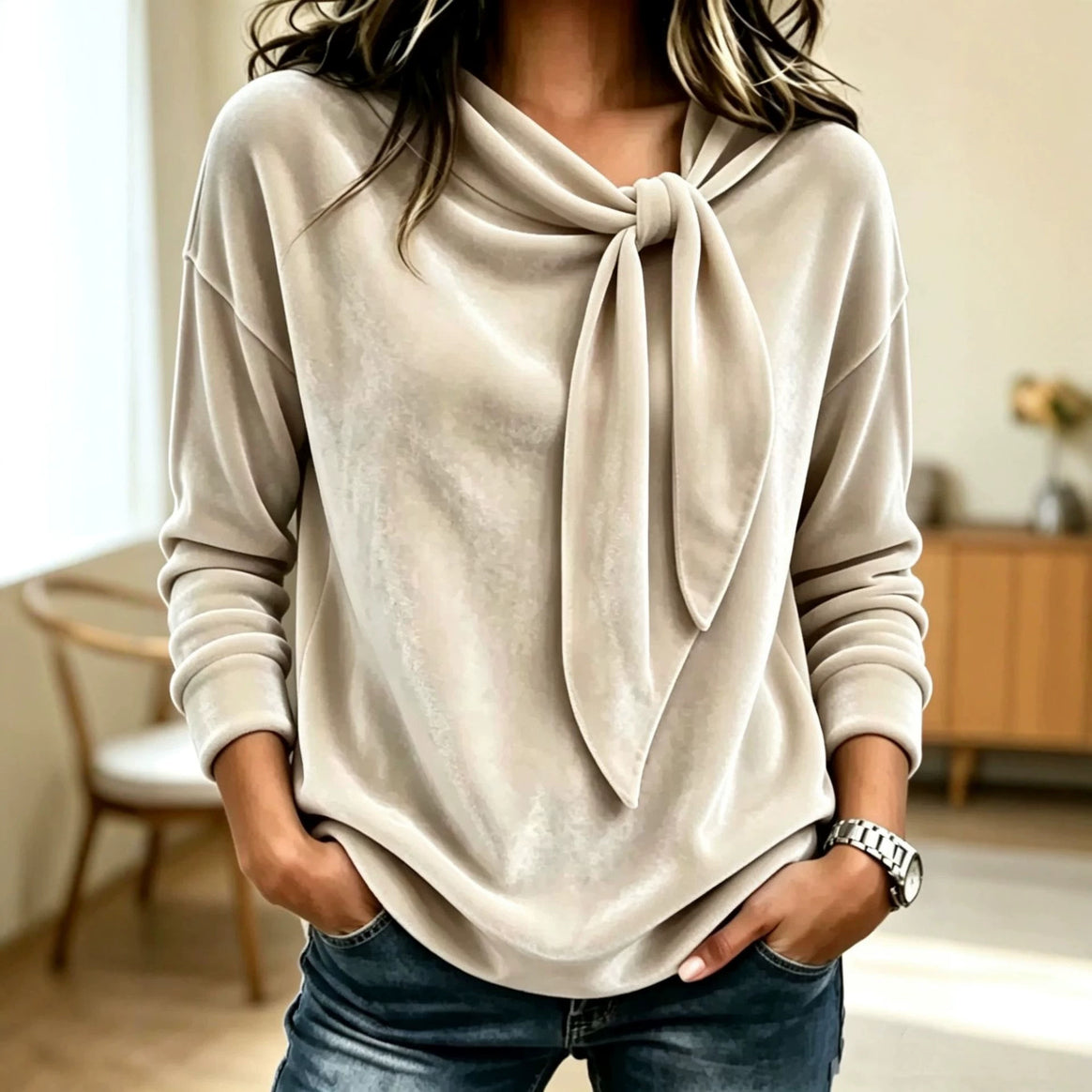 Women Draped Velvet Sweatshirt with Knot Shawl Collar Mune Fashion