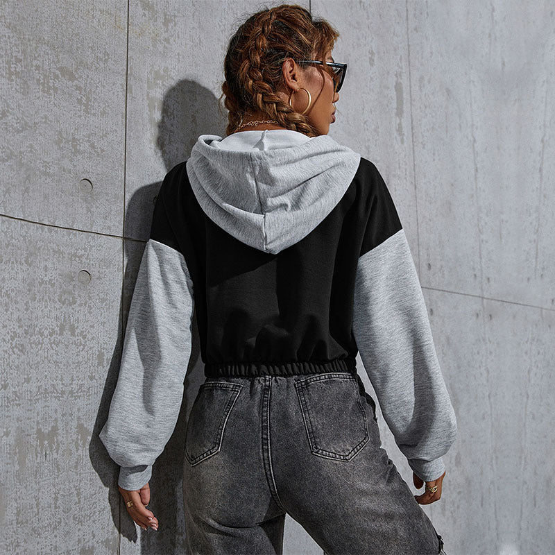 Women's Cropped Hoodie with Contrast Sleeves, Elastic Hem and Melting Smiley Print