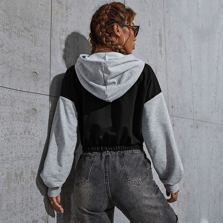 Women's Cropped Hoodie with Contrast Sleeves, Elastic Hem and Melting Smiley Print