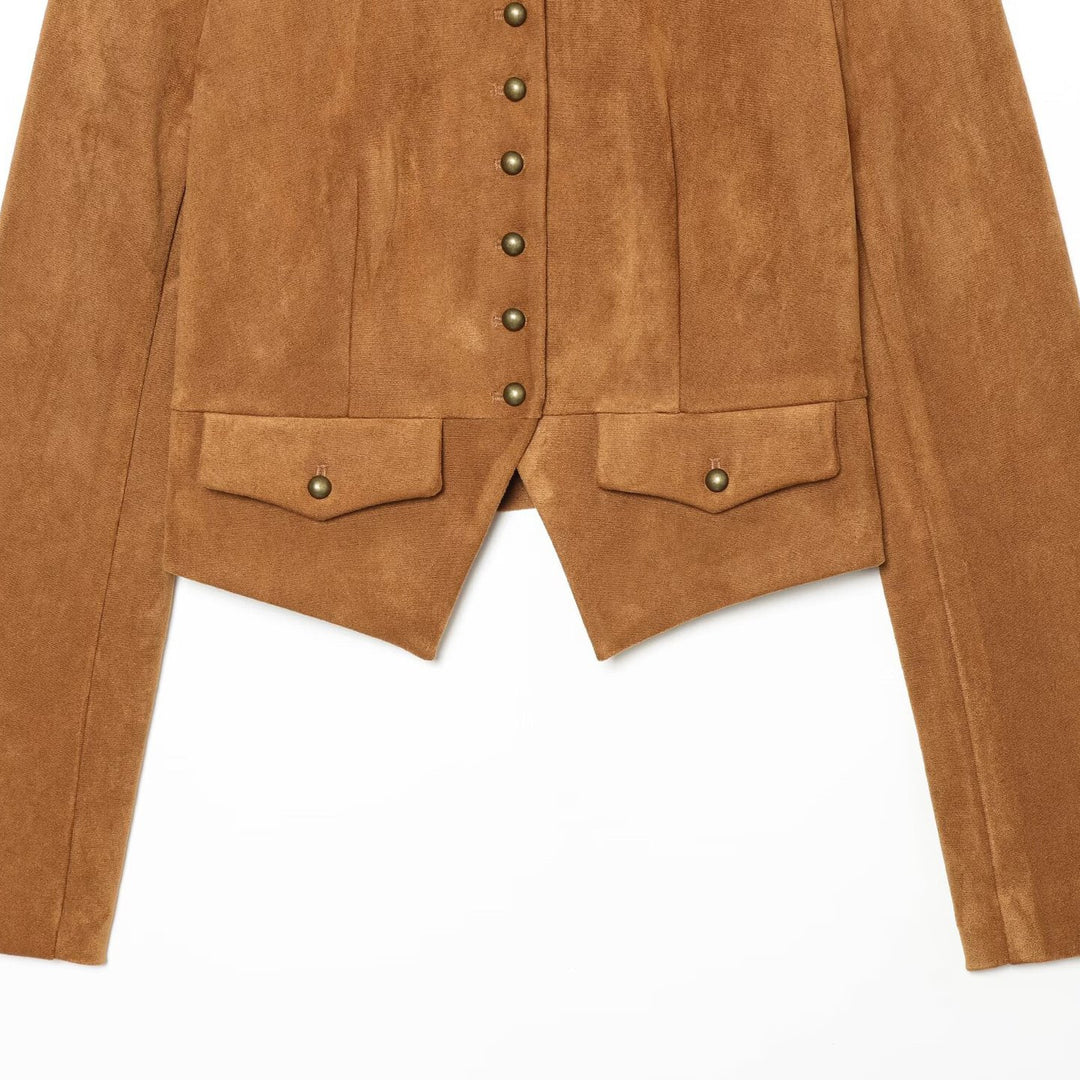 Women Short Jacket in Suede Look in Military Style with Stand-Up Collar and Asymmetrical Hem Mune Fashion