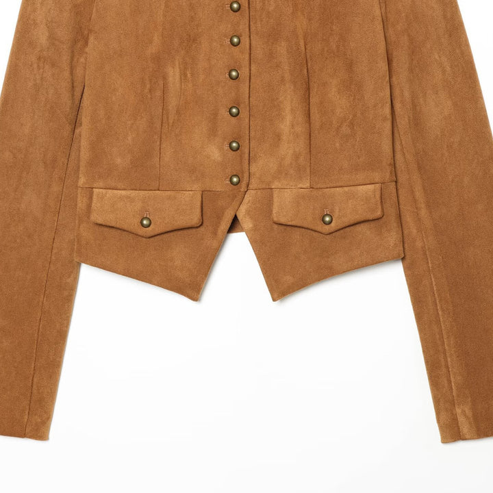 Women Short Jacket in Suede Look in Military Style with Stand-Up Collar and Asymmetrical Hem Mune Fashion