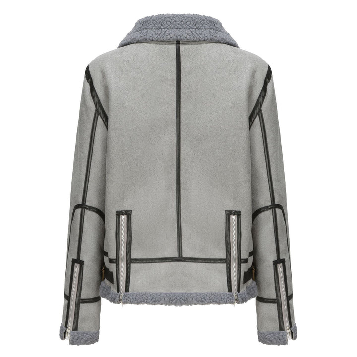 Women Short Cut Aviator Sheepskin Imitation Jacket with Teddy Lining and Faux Leather Trim Mune Fashion
