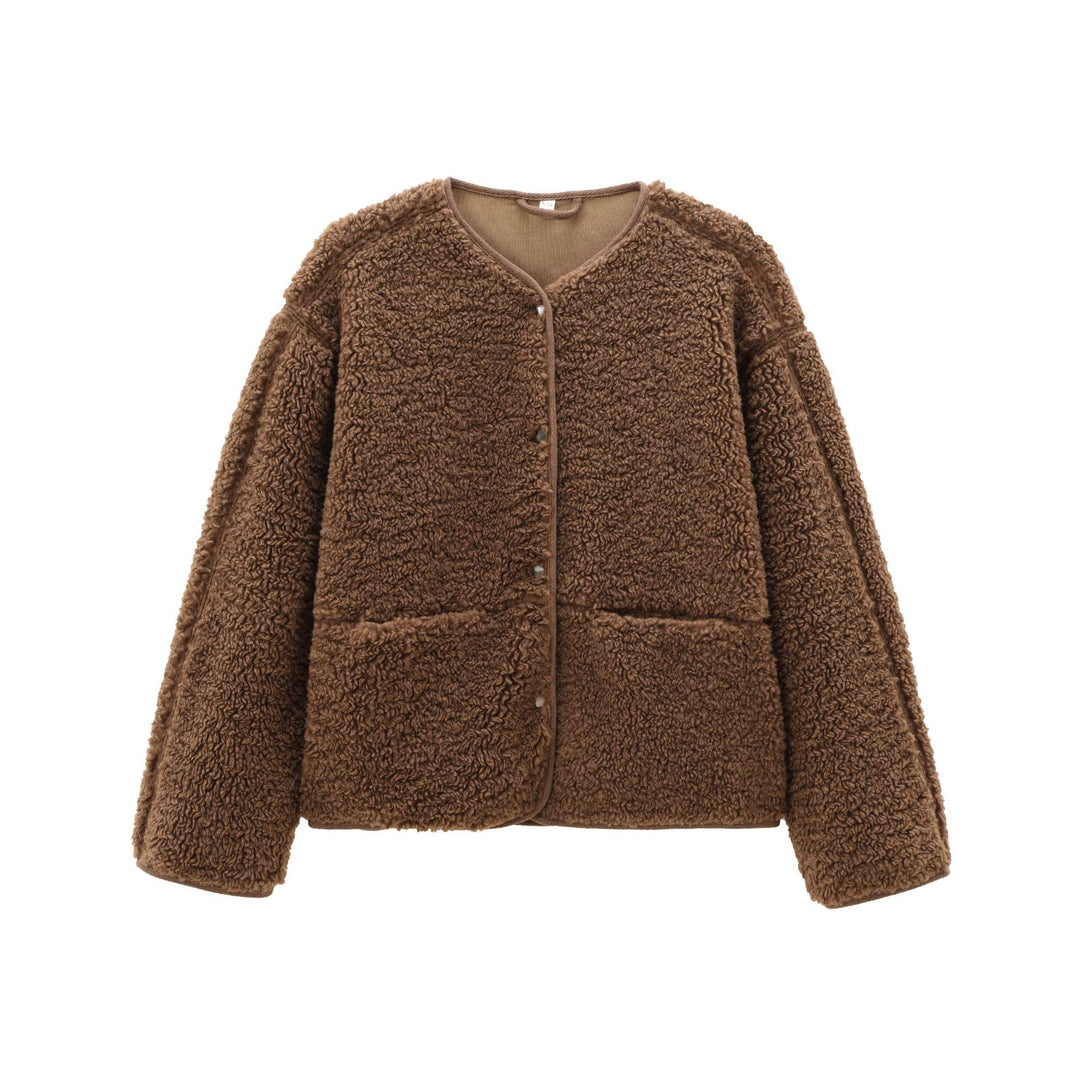 Ladies' short-cut teddy jacket with press stud placket and patch pockets Mune Fashion