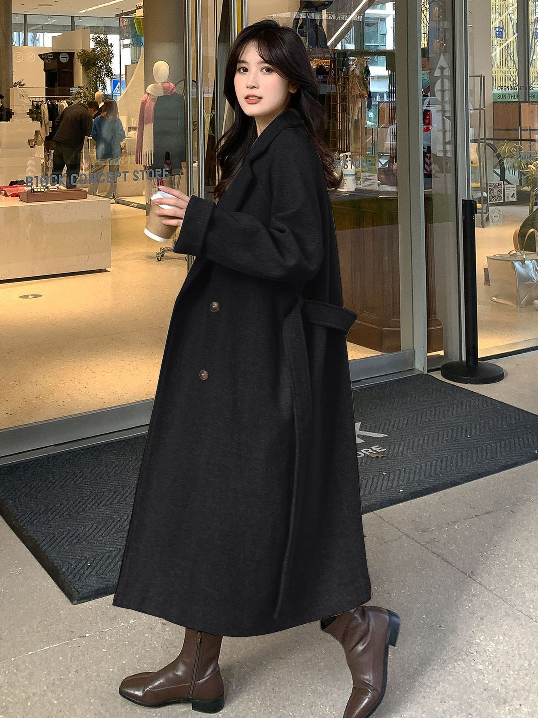 Women's Long Cut Wool Mix Trench Coat with Waistband and Boxy Shoulder Area Mune Fashion