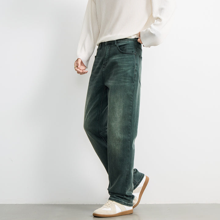 Men's Wide Relaxed-Straight Denim Jeans with Medium Rise and Soft Used Effects Mune Fashion