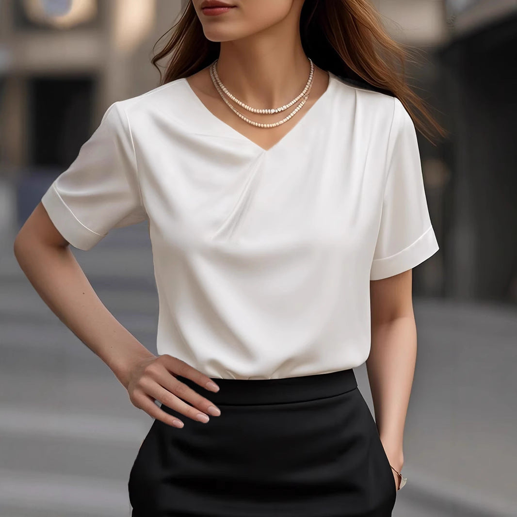 Women Elegant V Neck Blouse Shirt with Short Sleeve Design Mune Fashion