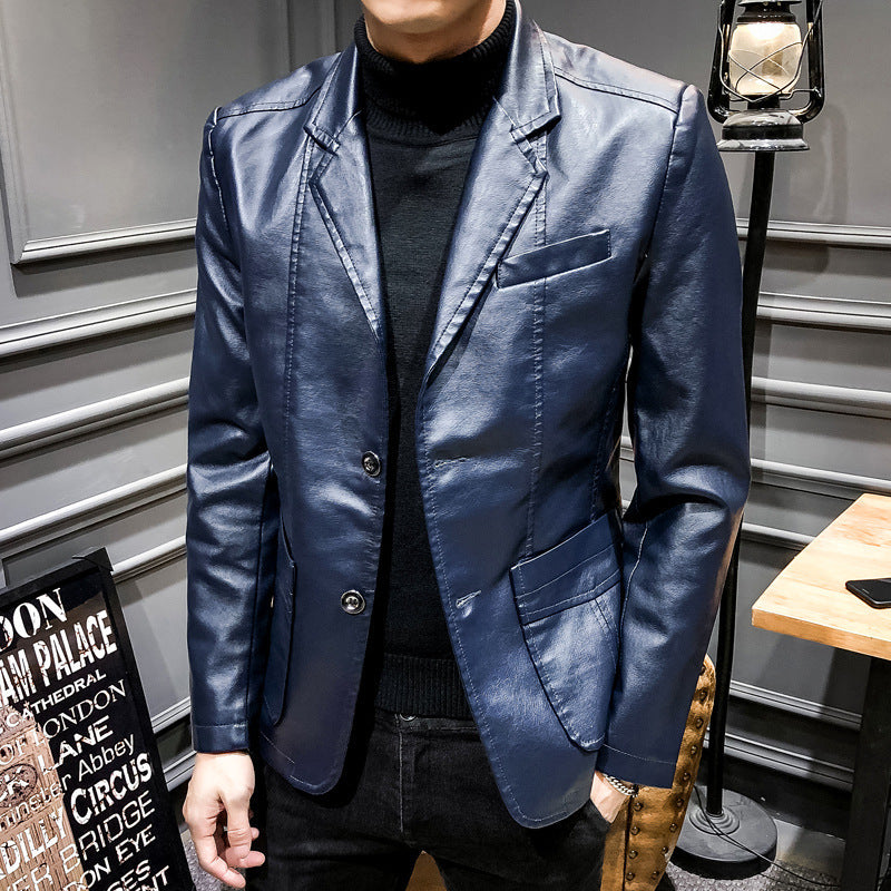 Men's Faux Leather Blazer in Slim Fit with Chest Pocket and Patch Pockets Mune Fashion