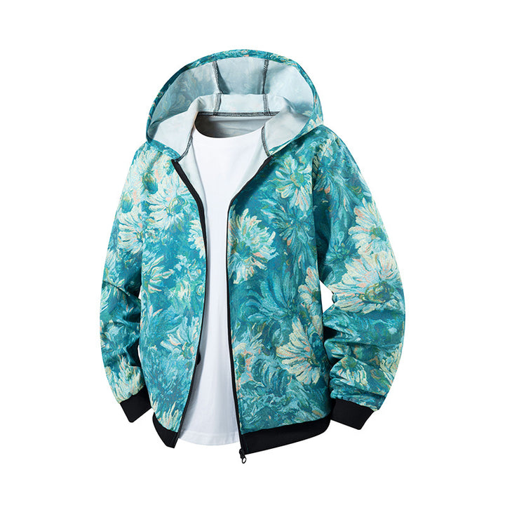 Unisex Light Hooded Jacket in Ethno Print with Full Zipper Drune