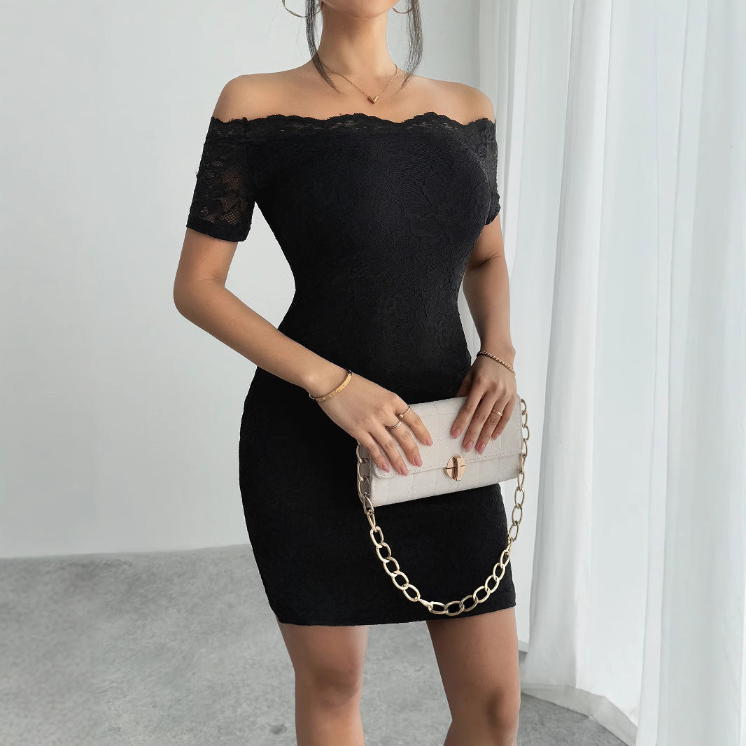 Ladies' figure-hugging off-the-shoulder lace dress with Carmen neckline and stretch Mune Fashion