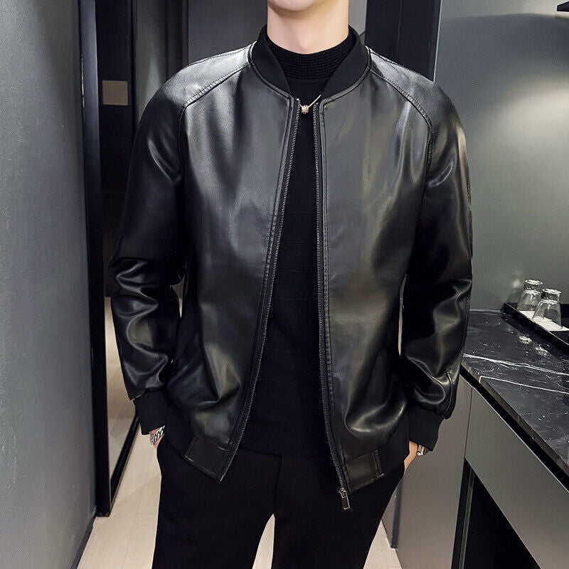 Men's Oversize Faux Leather Bomber Jacket with Raglan Sleeves, Zipper and Ribbed Cuffs Mune Fashion
