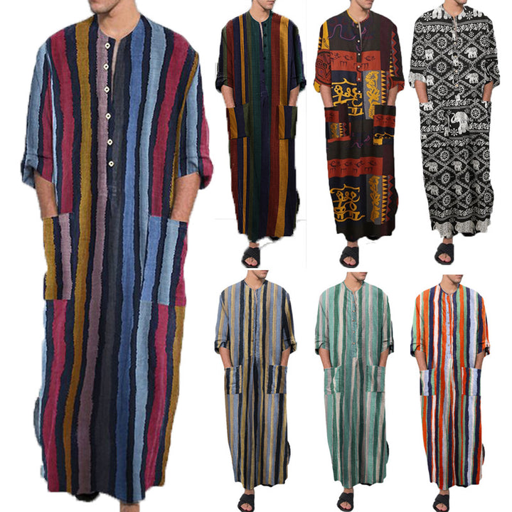 Men's ankle-length striped linen blend kaftan with stand-up collar and patch waist pockets Mune Fashion