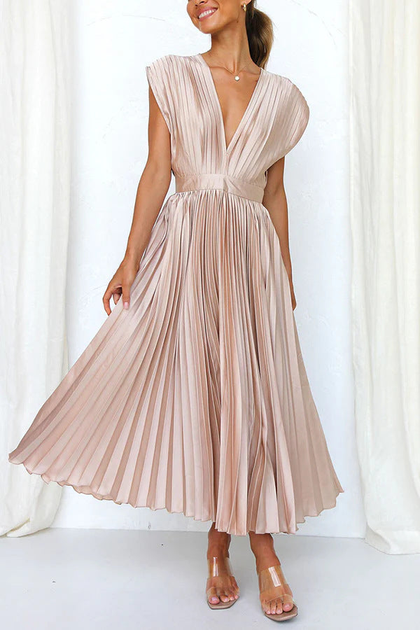 Women's Pleated Midi Dress with Deep V-Neck and Waist Belt Drune