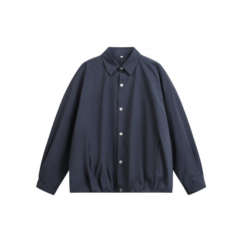 Unisex Boxy Shirt Jacket with Snap Button Placket, Shirt Collar and Elastic Hem Mune Fashion