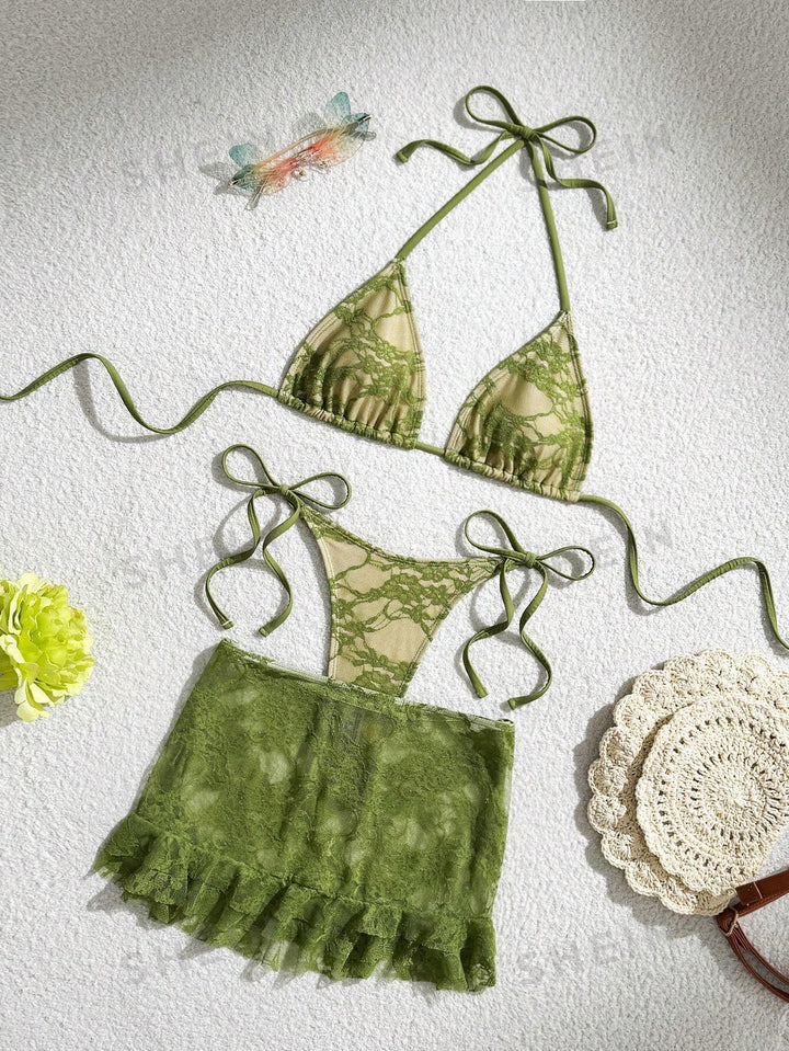 Ladies Lace Bikini with Floral Design and Flowing Skirt Mune Fashion