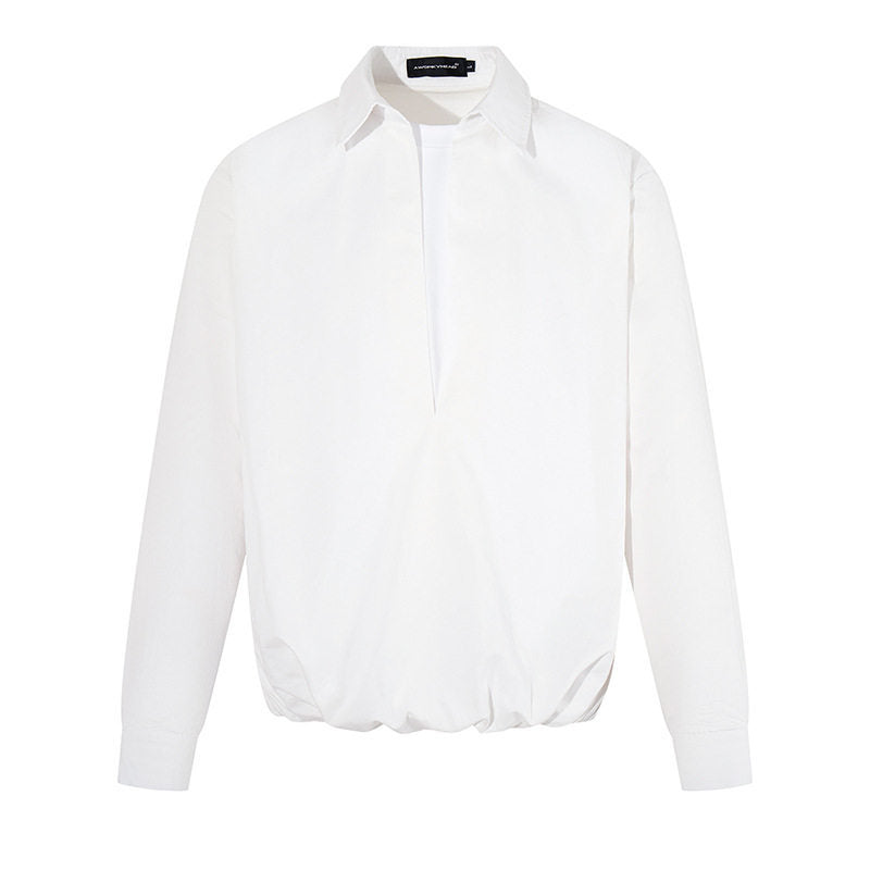 Women Elegant Blouse with concealed V-slit front, shirt collar and elastic hem