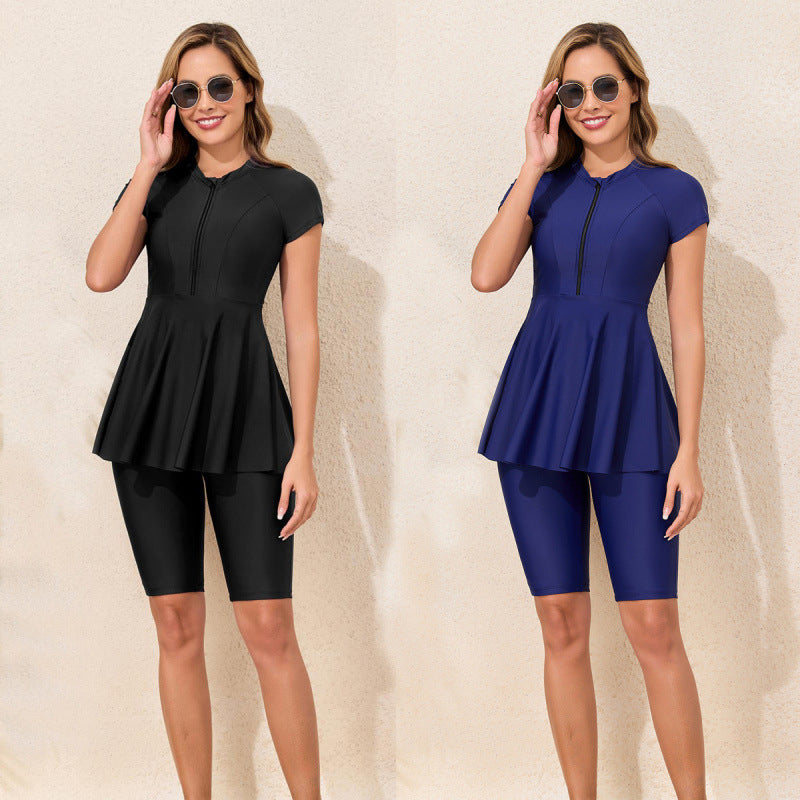 Women's Sporty Swimsuit with Feminine Skirt Design and Short Raglan Sleeves Mune Fashion