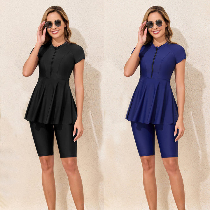 Women's Sporty Swimsuit with Feminine Skirt Design and Short Raglan Sleeves Mune Fashion