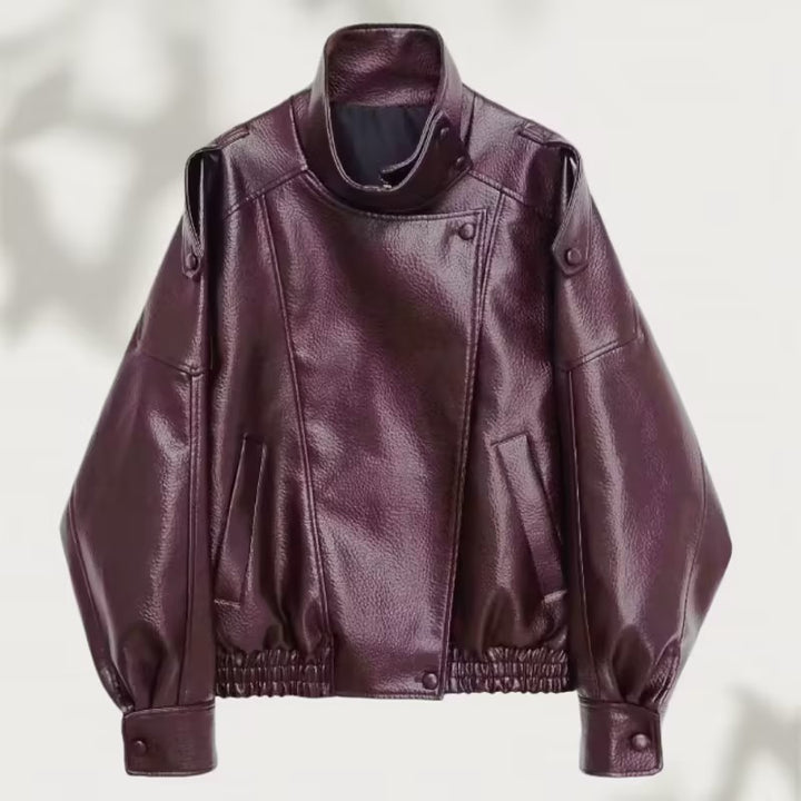Women Oversized Faux Leather Biker Jacket with Asymmetric Lapel, Stand Collar, and Waist Drawstring Mune Fashion