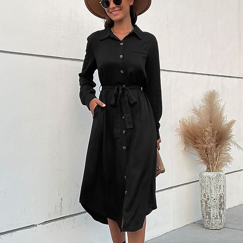 Women’s midi dress in shirt blouse style with continuous button placket, waist tie belt, and long sleeves Mune Fashion