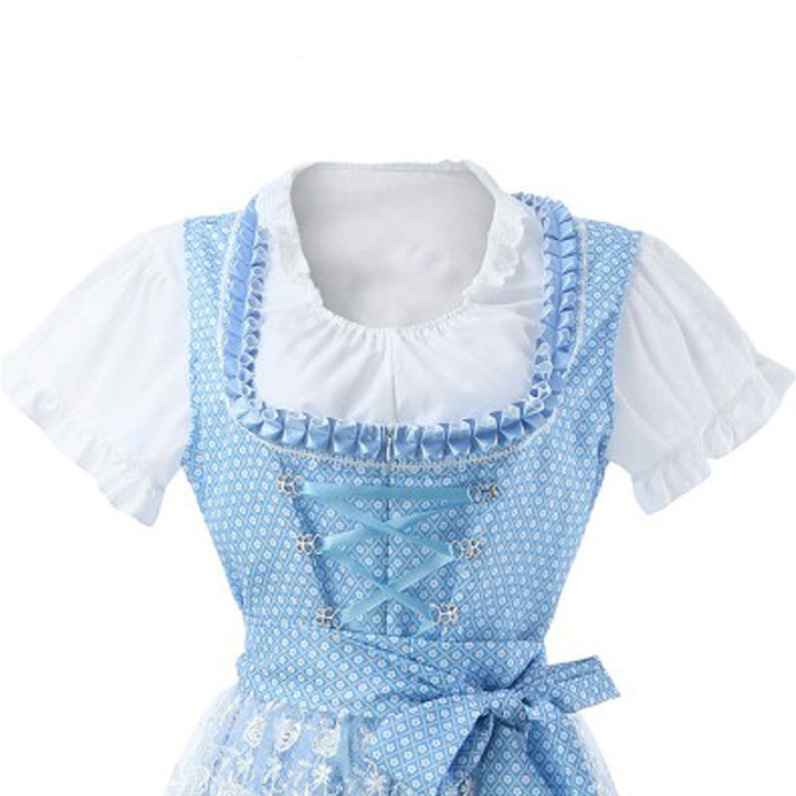 Women's romantic alpine dress with laced bodice, lace insert, and waist belt Mune Fashion