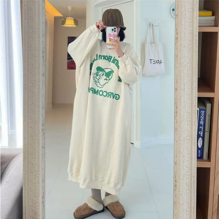 Women Long Fleece Sweat Dress with Statement Print, Side Pockets and Elastic Hem Mune Fashion