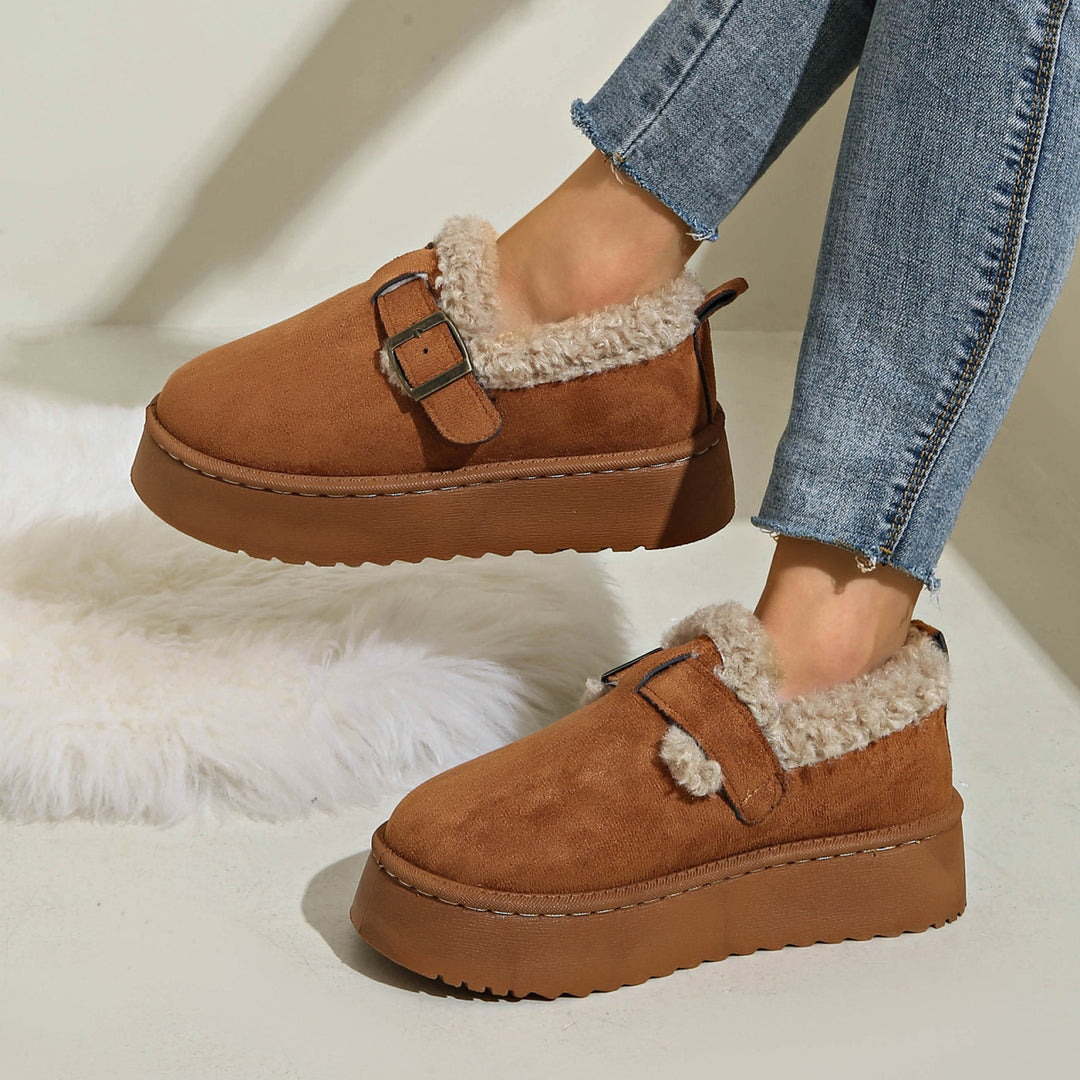 Women's Cozy Platform Slippers in Moccasin Style with Teddy Lining and Decorative Strap Mune Fashion