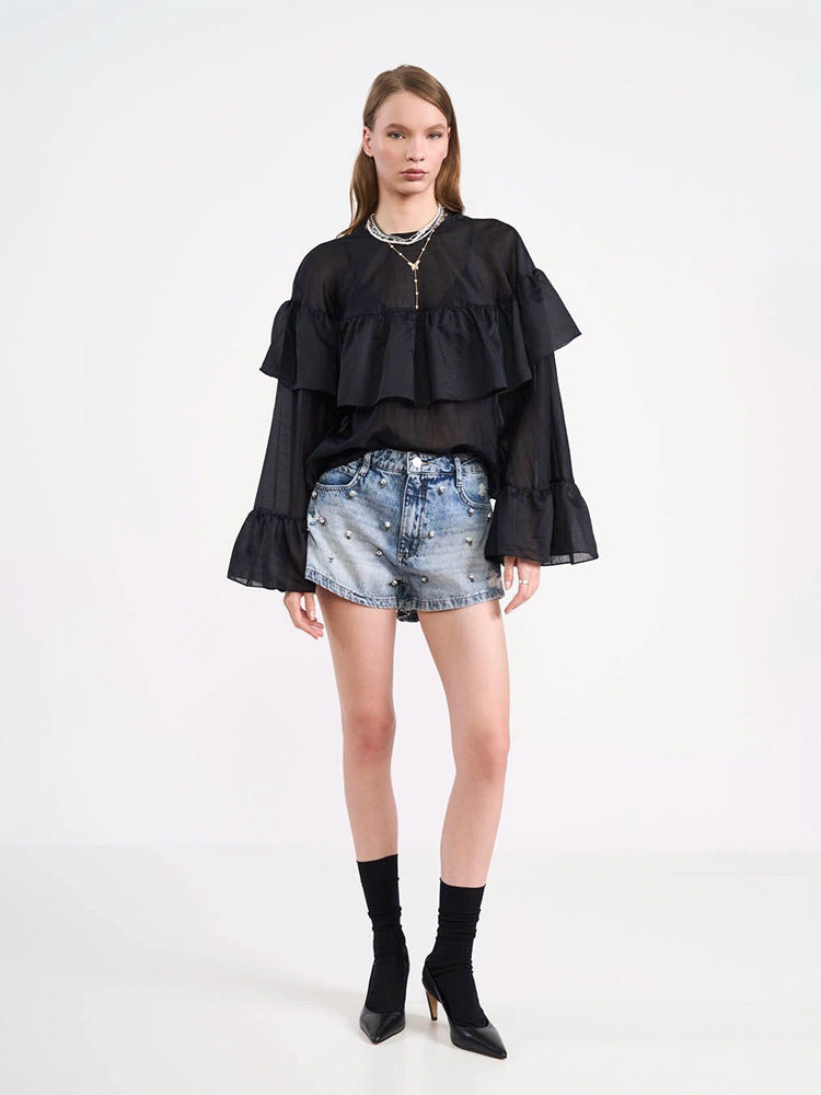 Women's Transparent Ruffle Blouse with Double Ruffle and Bell Sleeves Mune Fashion