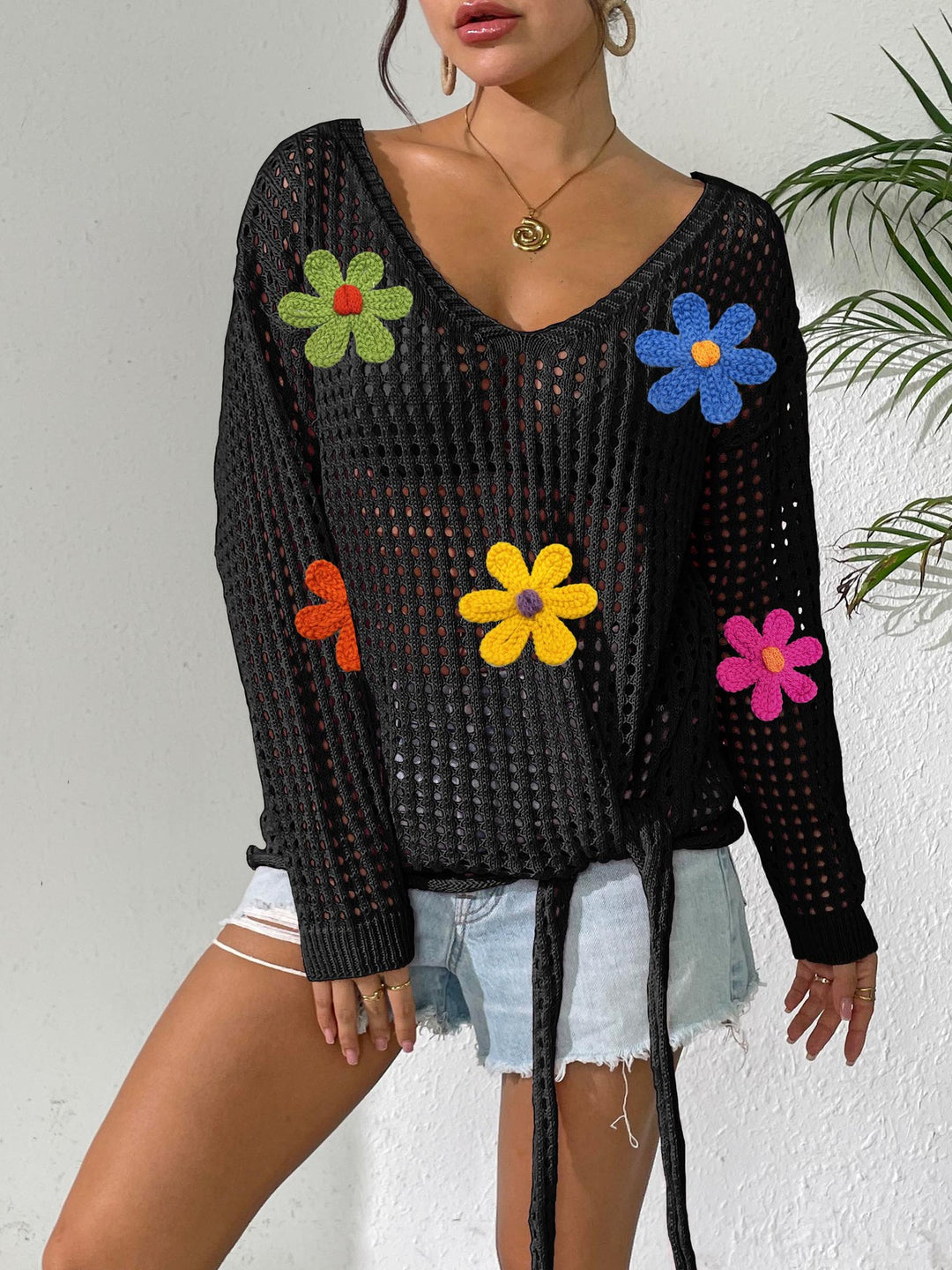 Women's crochet top with flower appliqués Mune Fashion