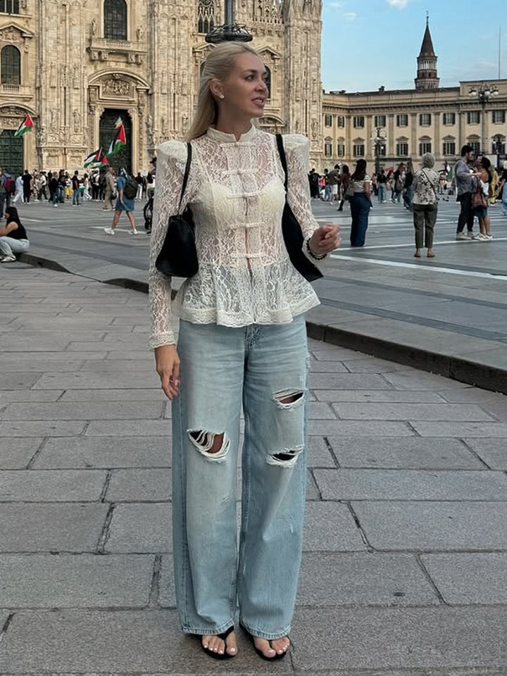 Women Romantic Lace Blouse in Victorian Style with Stand-up Collar, Knot Closures and Puff Sleeves Mune Fashion