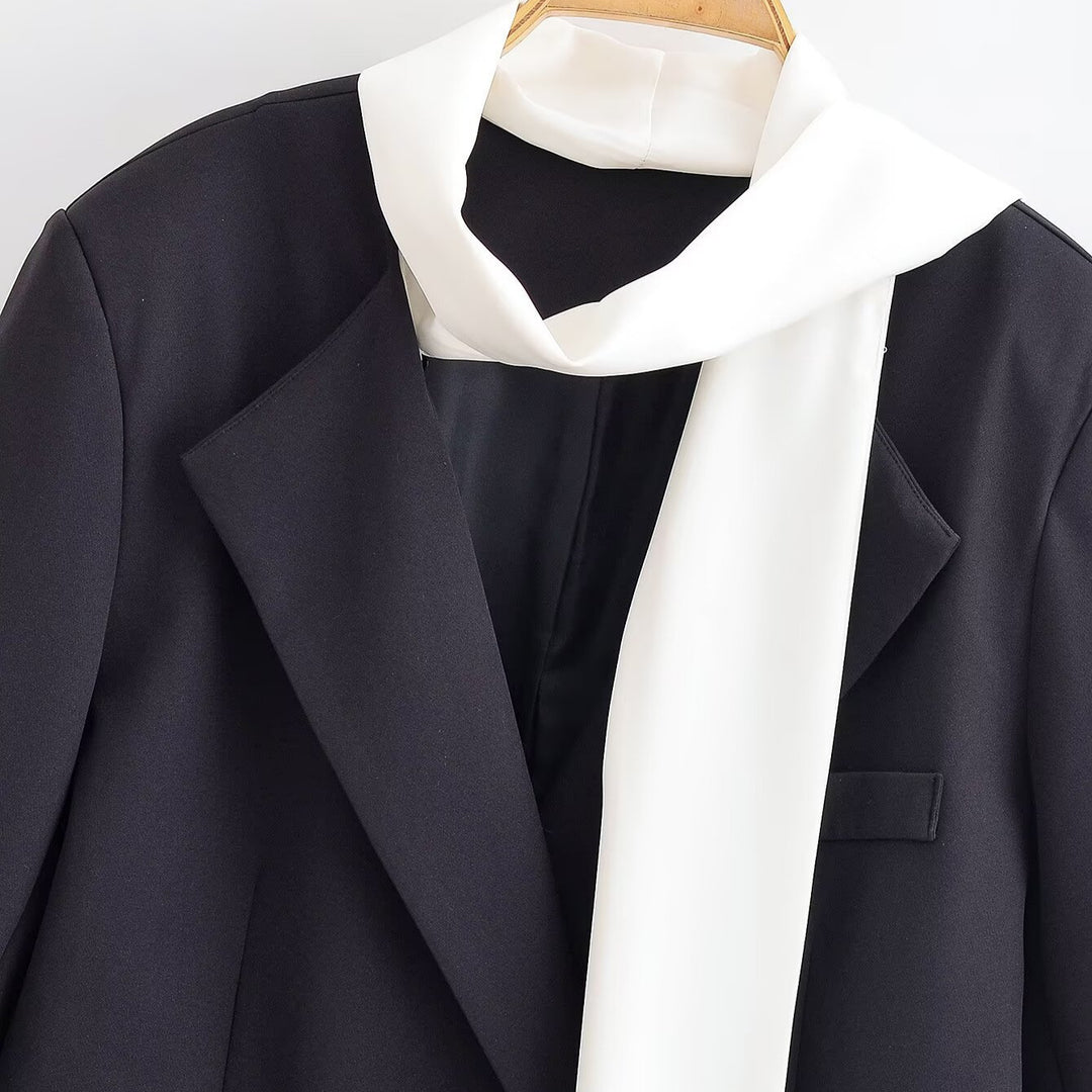 Women's Short Blazer with Attached Bow Tie and Patch Pockets Mune Fashion