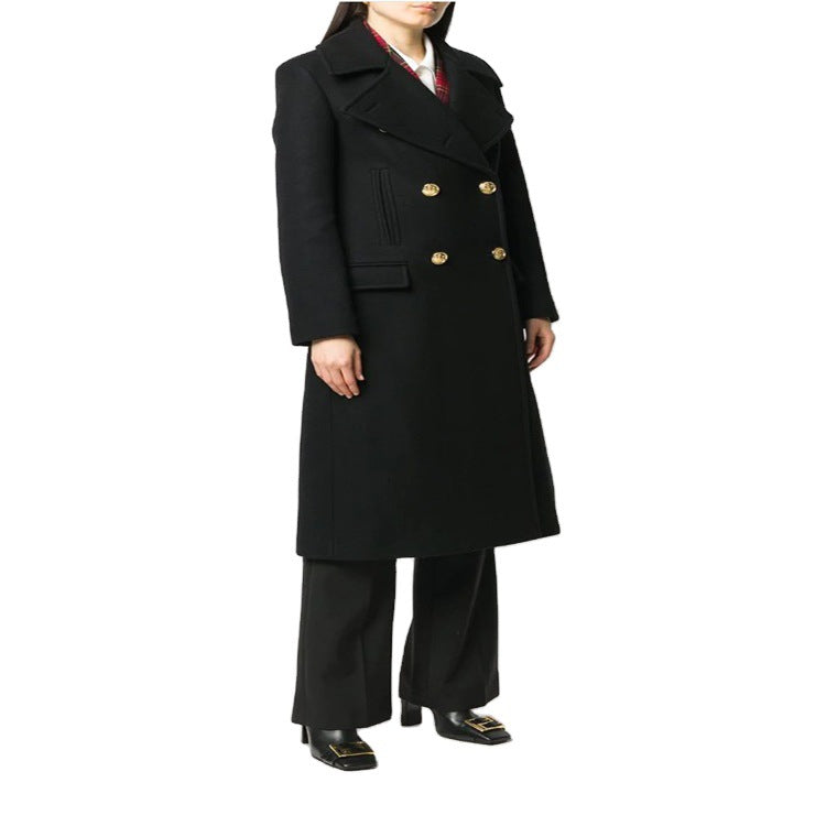 Women Double-breasted Coat in Military Look with Golden Decorative Buttons Mune Fashion