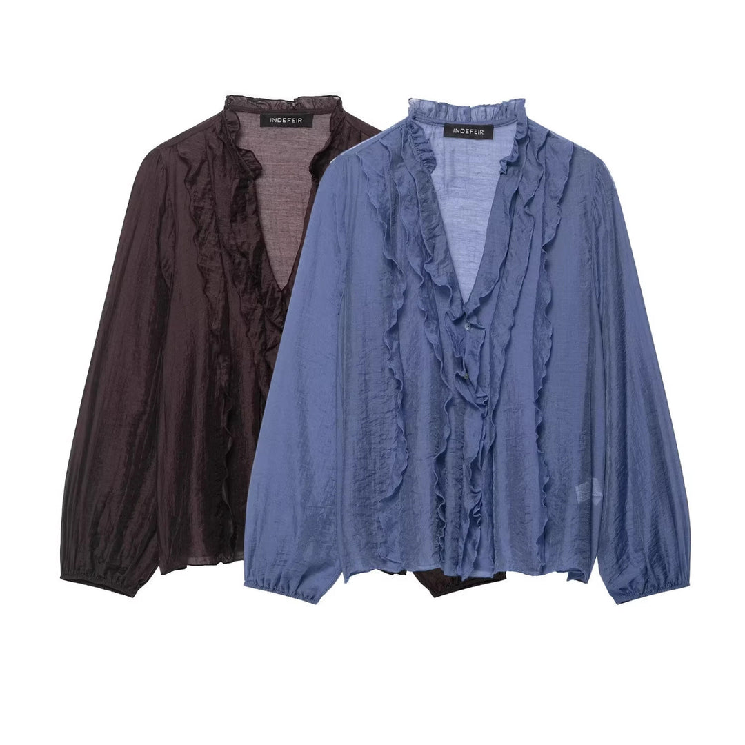 Ladies Transparent Crinkle Blouse with Ruffle Collar, Ruffled Front and Balloon Sleeves Mune Fashion