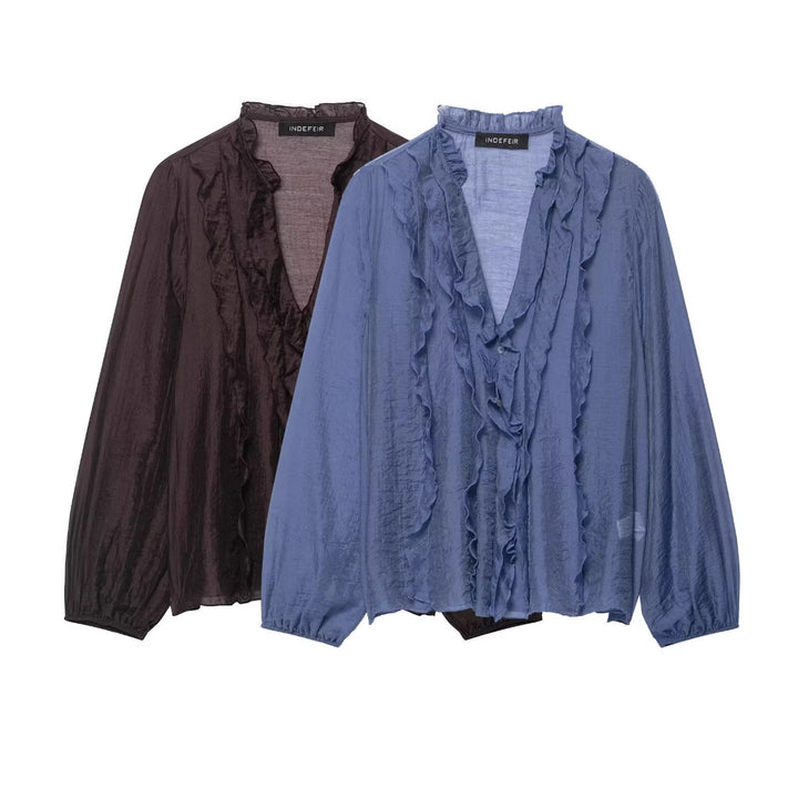 Ladies Transparent Crinkle Blouse with Ruffle Collar, Ruffled Front and Balloon Sleeves Mune Fashion