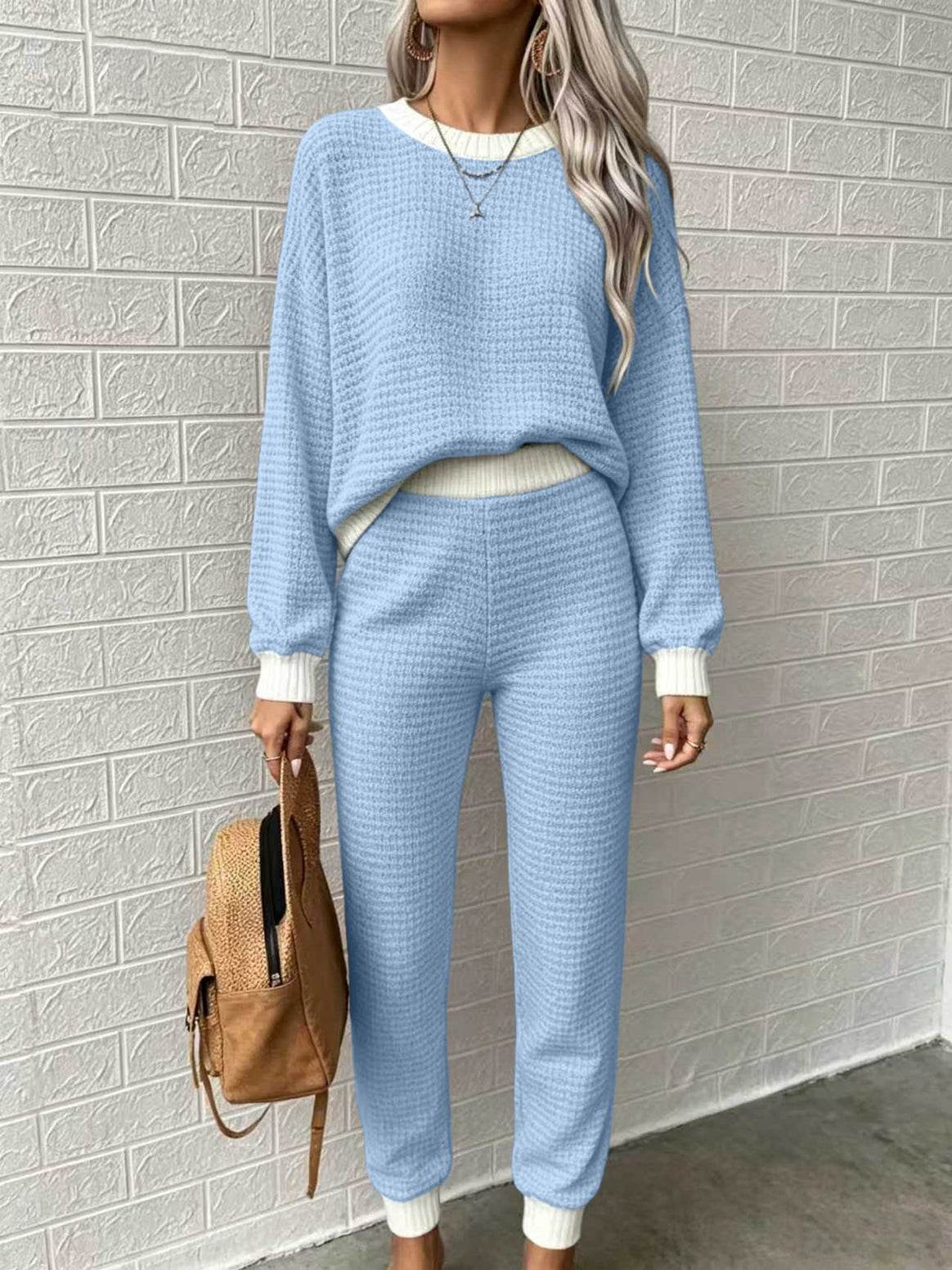 Women Comfortable Waffle Knit Lounge Set with Ribbed Cuffs Mune Fashion