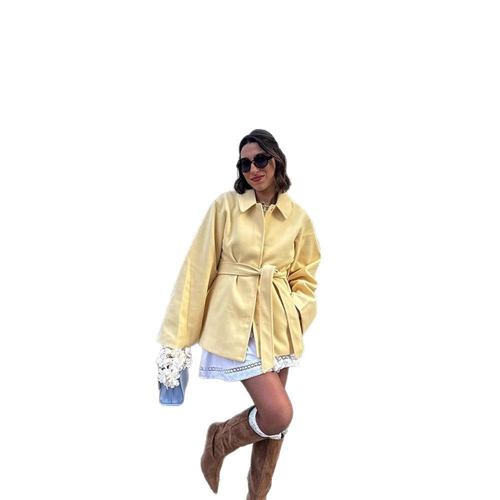 Women's short coat with tie belt, boxy oversized silhouette and wide sleeves Mune Fashion