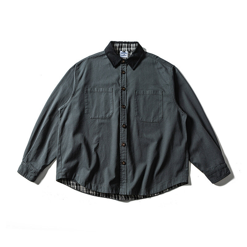 Unisex Oversize Shirt Jacket with Contrast Collar and Checked Lining Mune Fashion