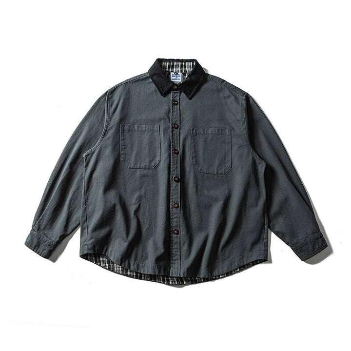 Unisex Oversize Shirt Jacket with Contrast Collar and Checked Lining Mune Fashion