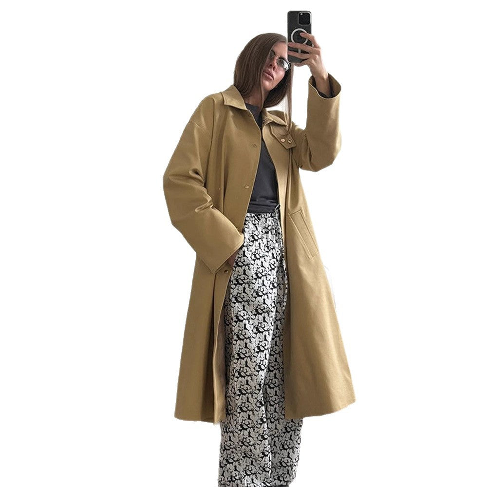 Ladies Maxilong Oversize Trench Coat with Stand Collar and Concealed Snap Placket Mune Fashion