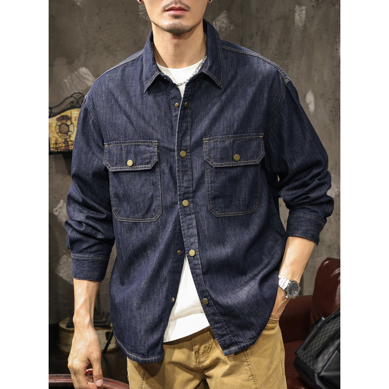 Men's Jeans Worker Shirt Jacket with Snap Button Closure and Overshirt Cut Mune Fashion