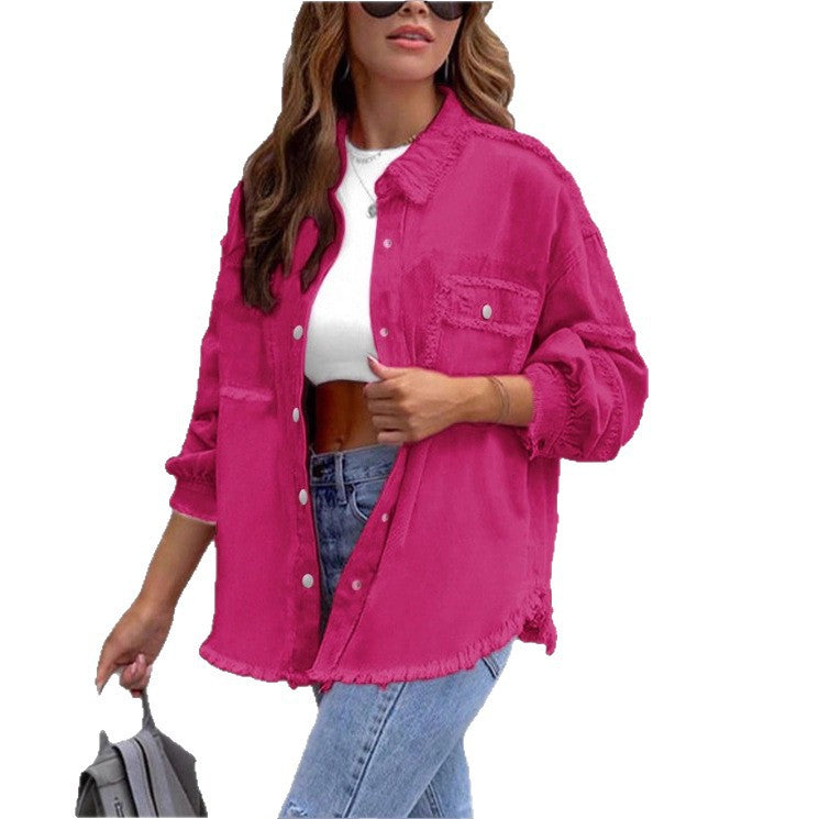 Women's Oversized Denim Utility Jacket with Frayed Edges and Flap Pockets Mune Fashion