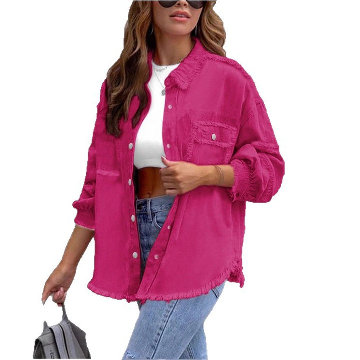 Women's Oversized Denim Utility Jacket with Frayed Edges and Flap Pockets Mune Fashion