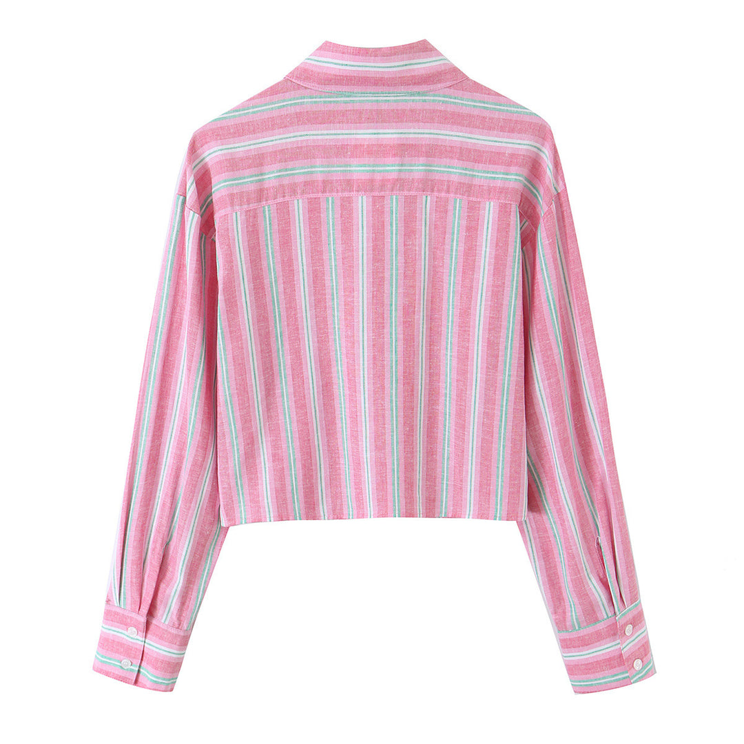 Women Short Cut Linen Blouse with Striped Pattern and Lace Chest Pockets Mune Fashion